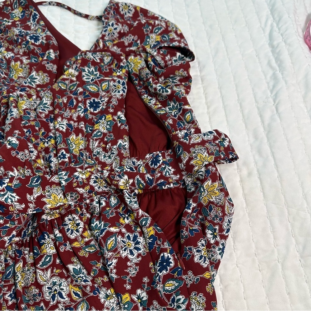 DR2 Floral Dress Doble V-Neck Tie Waist Cap Sleeve With Pockets and Side Zipper - Picture 11 of 16